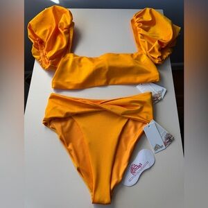 Agua Bendita Lily Arabella Puff Sleeve Bikini Set Orange NWT Size XL